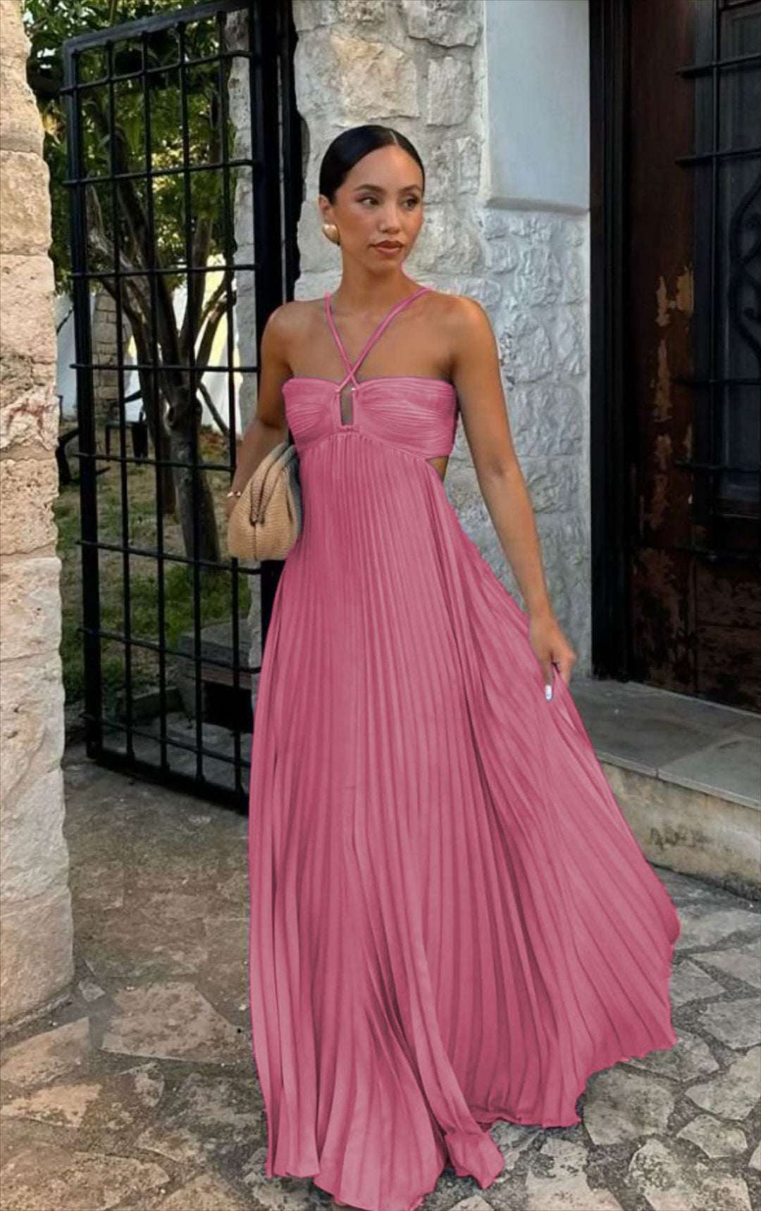 Summer Dress Women Pleated Skirt | Flowy Halter Neck Maxi#colour_pink