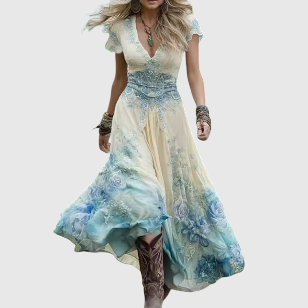 Summer Dress Women Printed V Neck | Flowy Boho Maxi Length#colour_cream