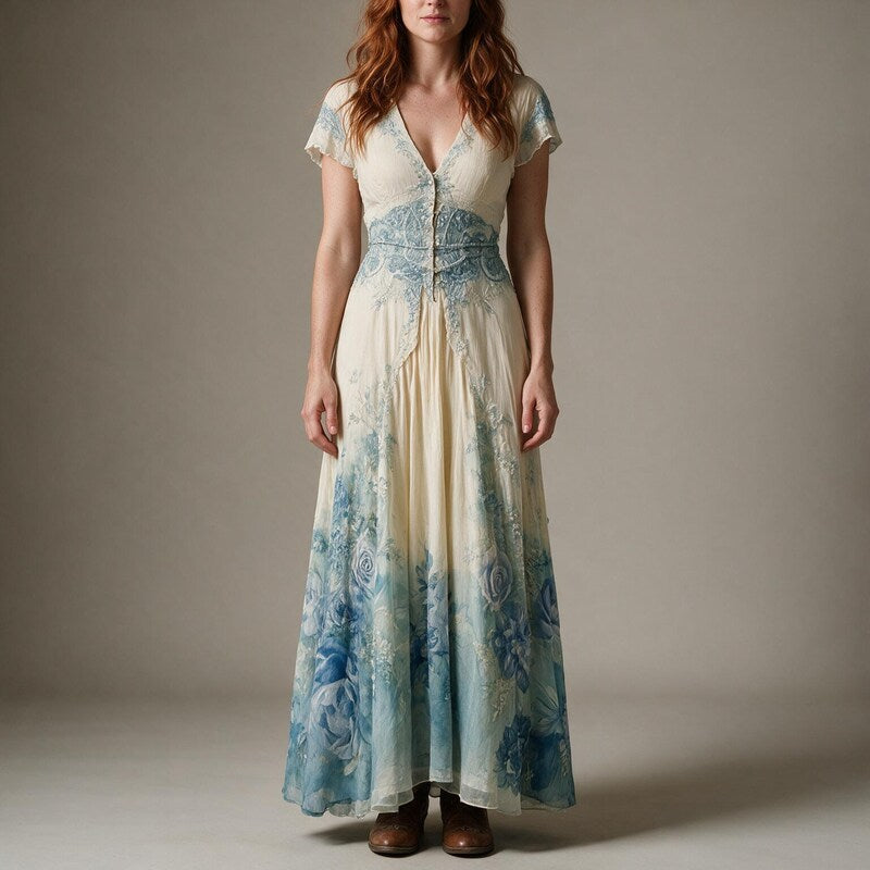 Summer Dress Women Printed V Neck | Flowy Boho Maxi Length#colour_cream