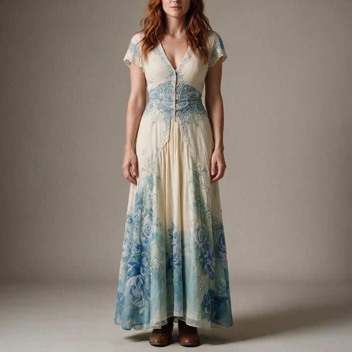 Summer Dress Women Printed V Neck | Flowy Boho Maxi Length#colour_cream