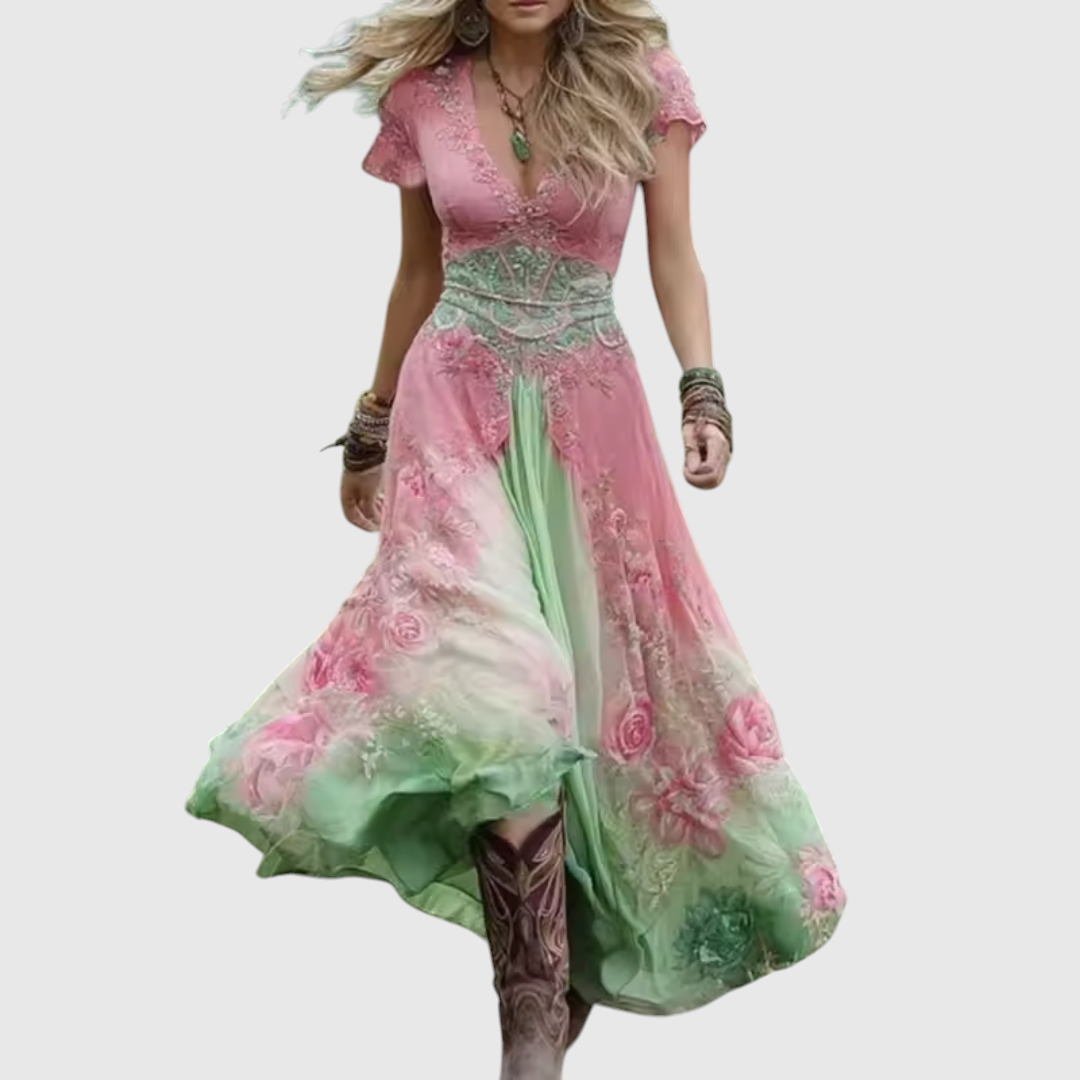 Summer Dress Women Printed V Neck | Flowy Boho Maxi Length#colour_pink