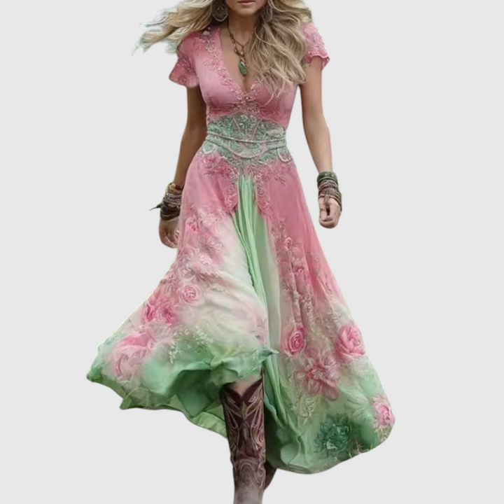 Summer Dress Women Printed V Neck | Flowy Boho Maxi Length#colour_pink