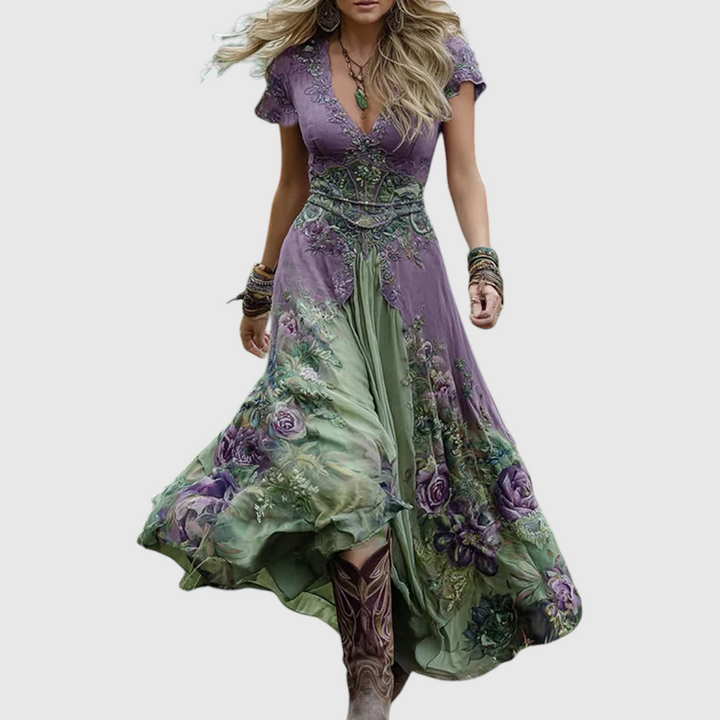 Summer Dress Women Printed V Neck | Flowy Boho Maxi Length#colour_purple