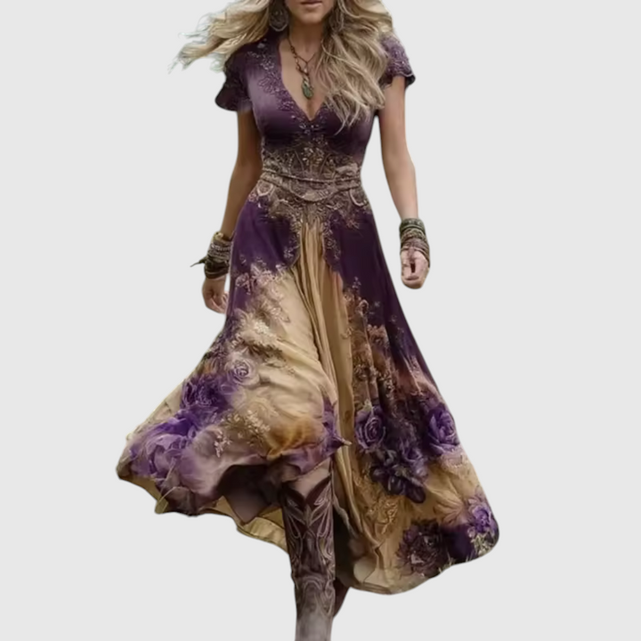 Summer Dress Women Printed V Neck | Flowy Boho Maxi Length#colour_taupe