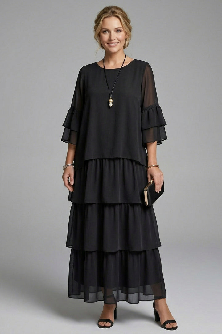 Summer Dress Women Three Tier Skirt | Relaxed Round Neck Maxi#colour_black