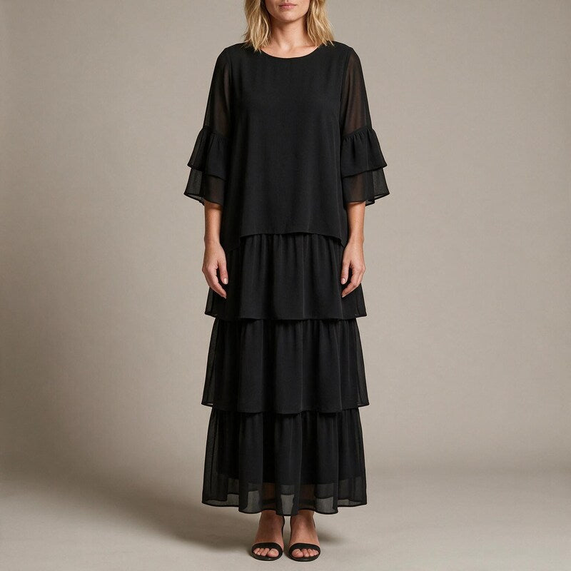 Summer Dress Women Three Tier Skirt | Relaxed Round Neck Maxi#colour_black