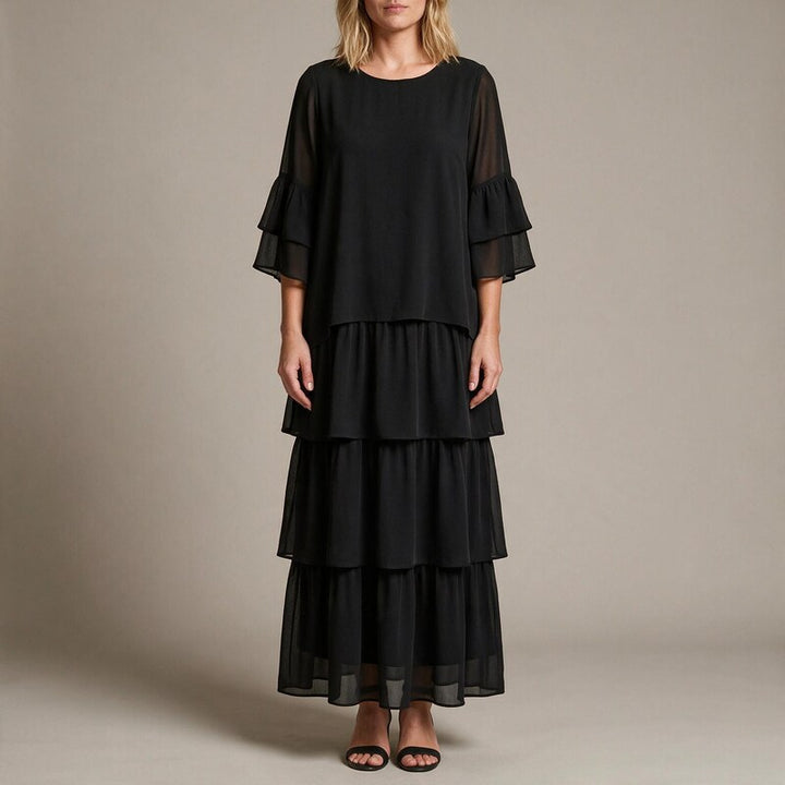 Summer Dress Women Three Tier Skirt | Relaxed Round Neck Maxi#colour_black