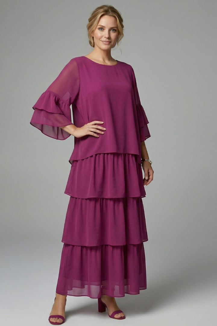 Summer Dress Women Three Tier Skirt | Relaxed Round Neck Maxi#colour_magenta