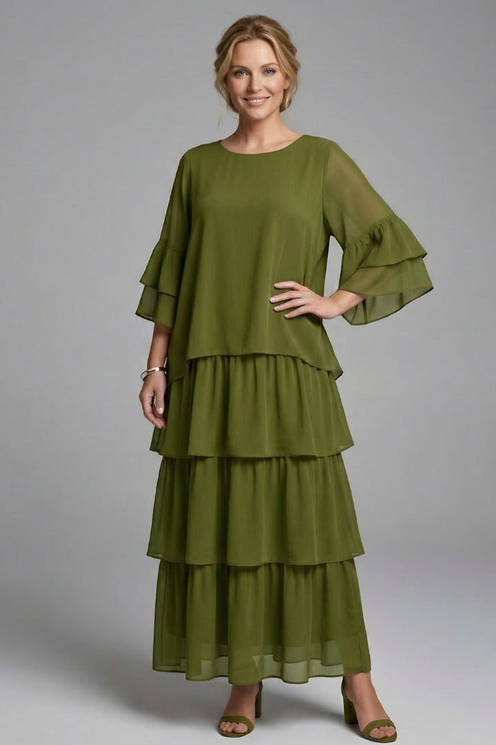 Summer Dress Women Three Tier Skirt | Relaxed Round Neck Maxi#colour_olive