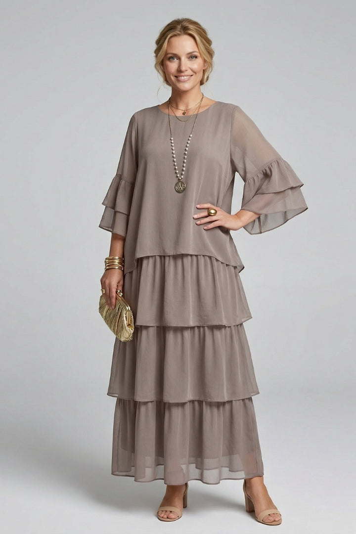 Summer Dress Women Three Tier Skirt | Relaxed Round Neck Maxi#colour_taupe
