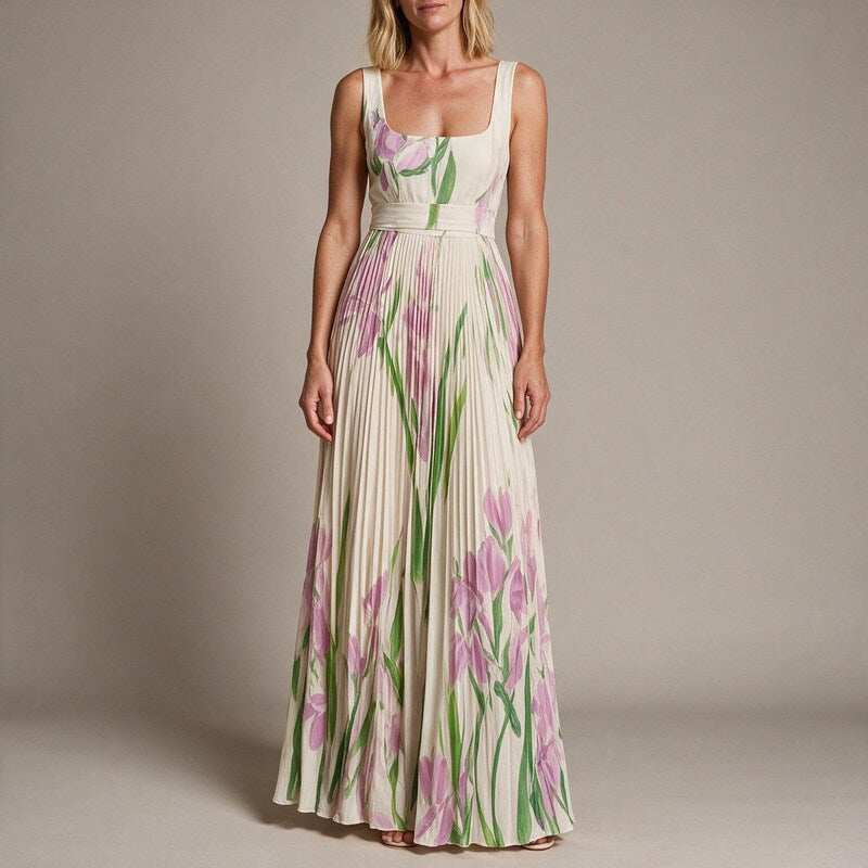 Summer Dress Women Tulip Print | Square Neck and Pleated Skirt #colour_pink