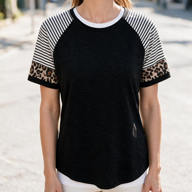 Tee Women Raglan Sleeve | Relaxed Striped Cuff #colour_black