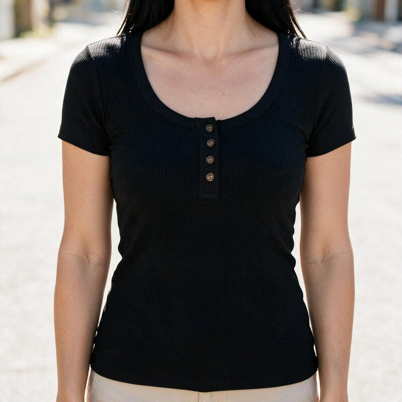 Tee Women Round Neck Ribbed | Soft Button Detail #colour_black