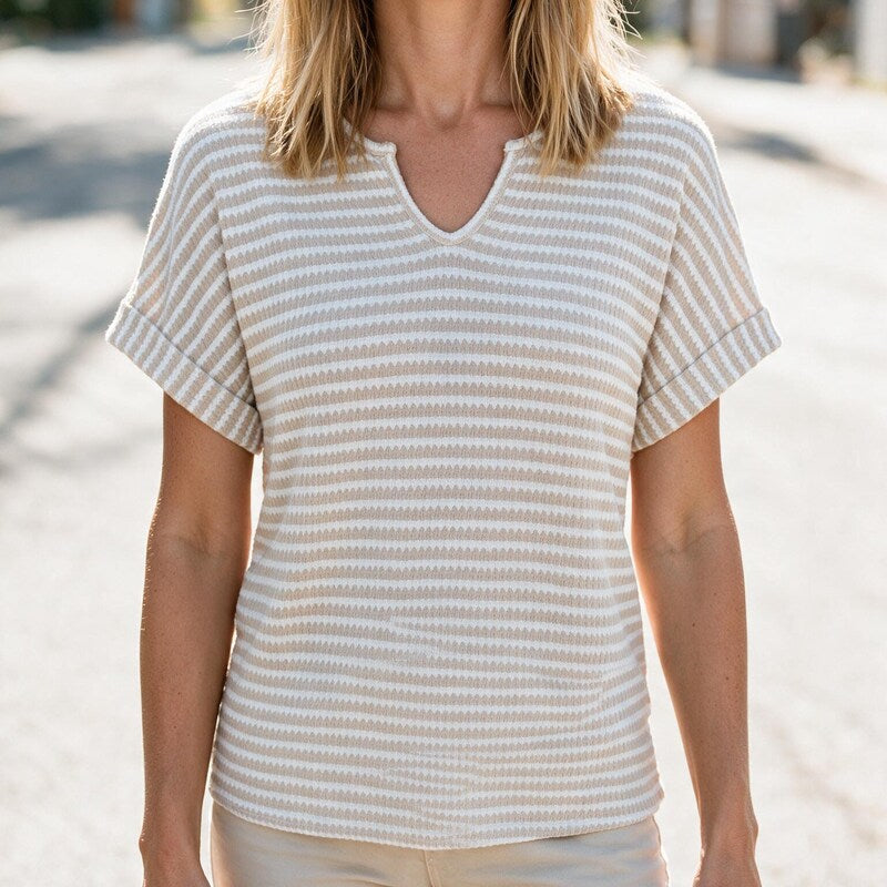 Tee Women V Neck Striped | Soft Summer Knit #colour_apricot