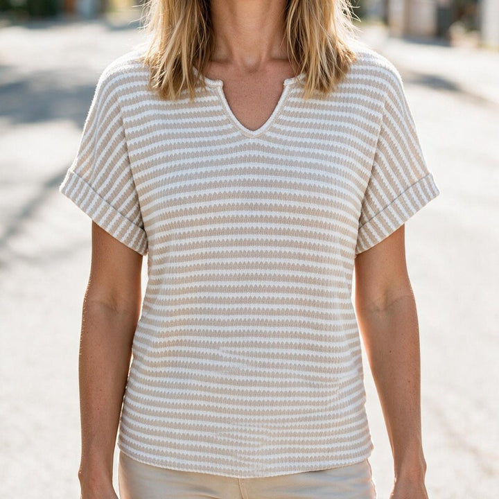 Tee Women V Neck Striped | Soft Summer Knit #colour_apricot