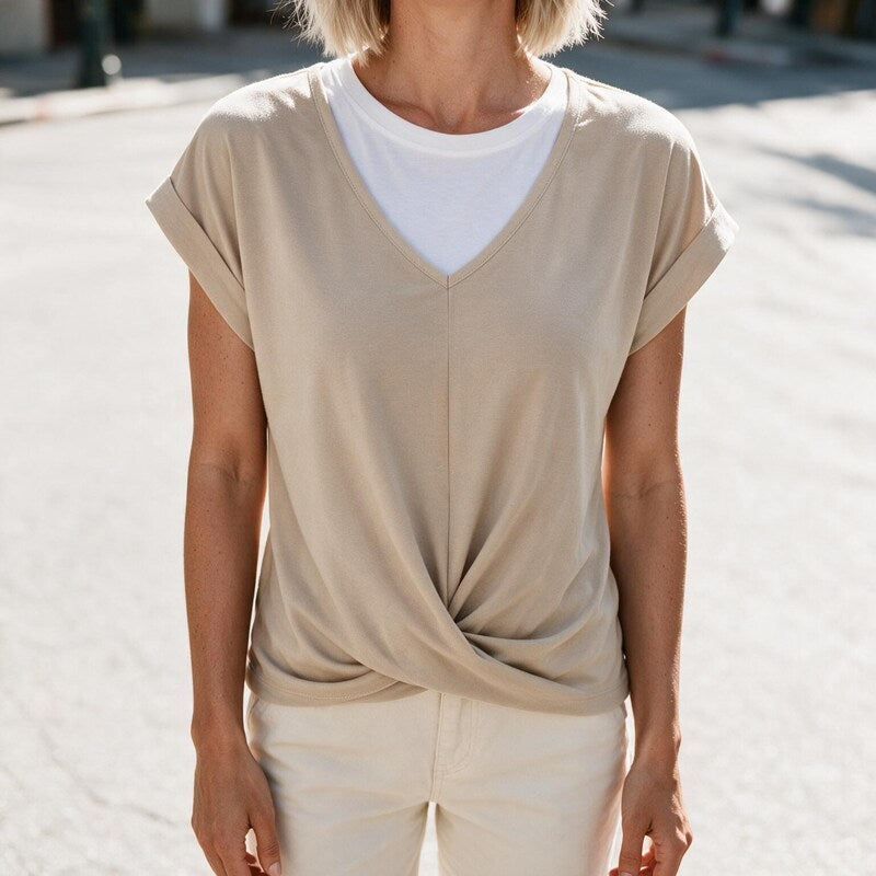 Tee Women V Neck Twist Front | Draped Cap Sleeve #colour_apricot
