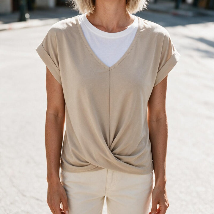 Tee Women V Neck Twist Front | Draped Cap Sleeve #colour_apricot