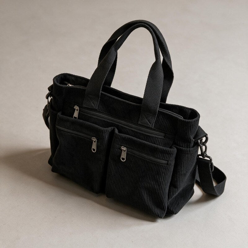 Tote Bag Women Corduroy Pockets | Convertible Crossbody Strap #colour_black