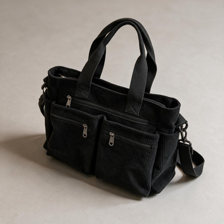 Tote Bag Women Corduroy Pockets | Convertible Crossbody Strap #colour_black