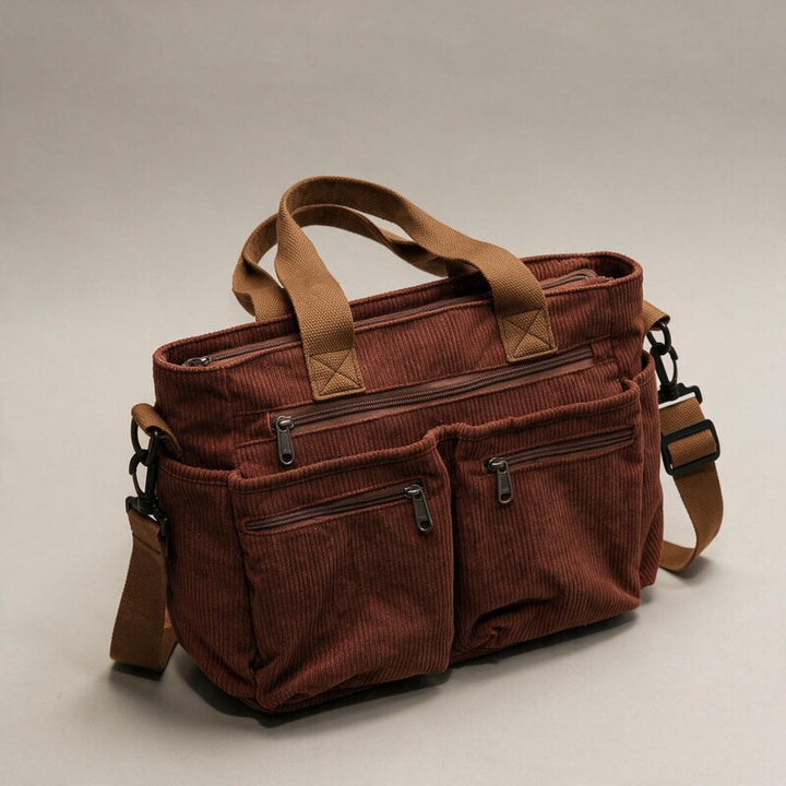 Tote Bag Women Multi Pocket Canvas | Zip Front and Crossbody Strap #colour_brown