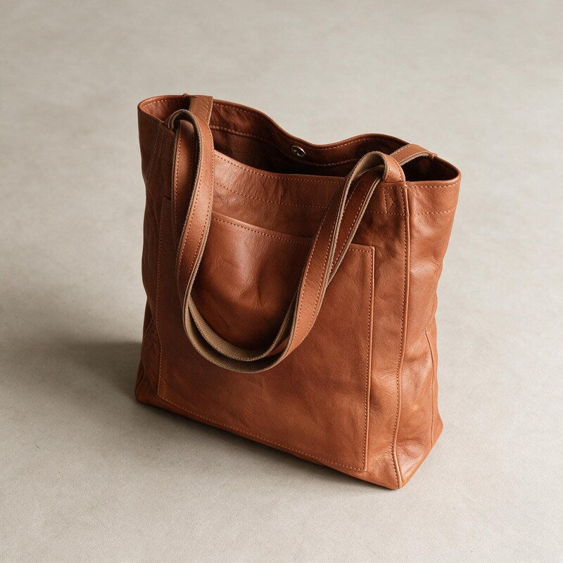 Tote Bag Women Real Leather | Long Handles and an Open Top #colour_brown
