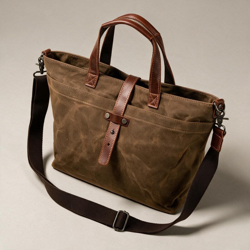 Tote Bag Women Waxed Canvas | Leather Trim and Rolled Handles #colour_brown