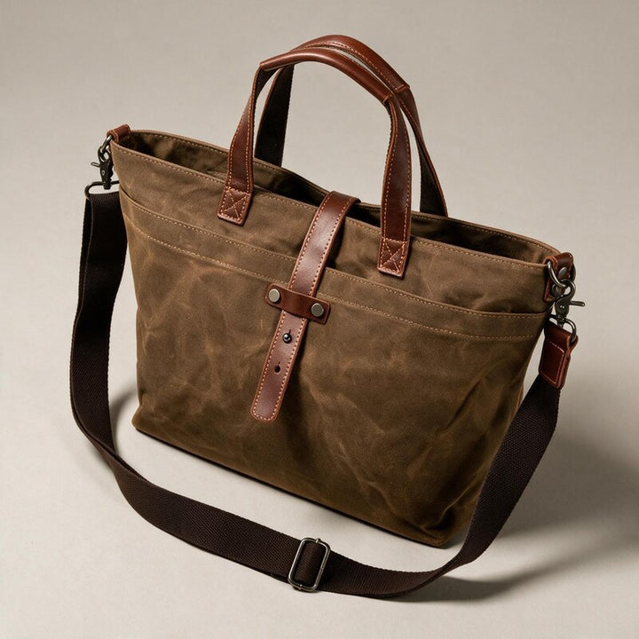 Tote Bag Women Waxed Canvas | Leather Trim and Rolled Handles #colour_brown