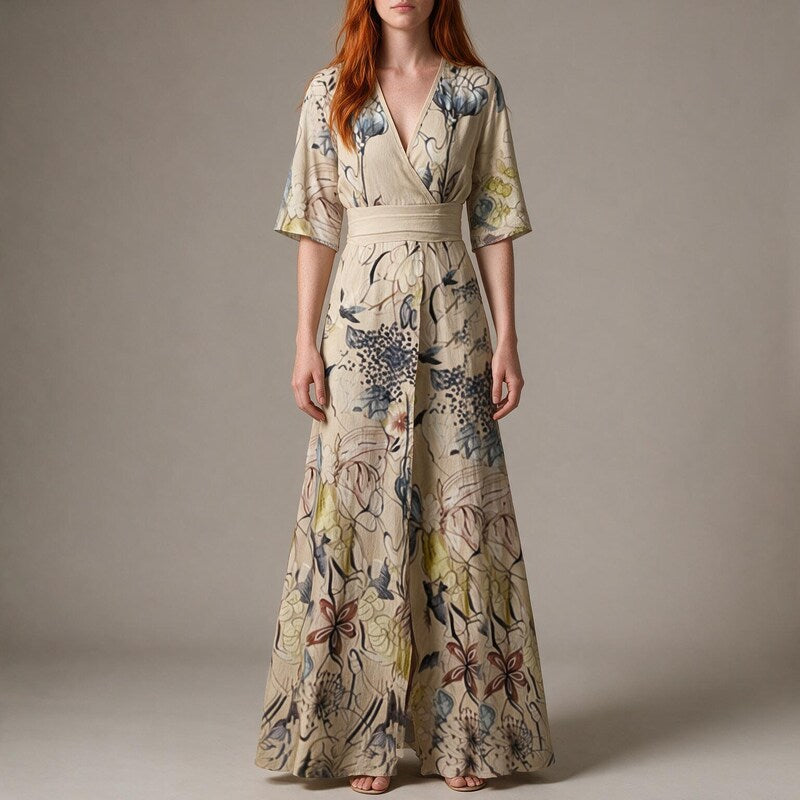 Wrap Dress Women Belted Waist | Soft Floral and Half Sleeves #colour_beige