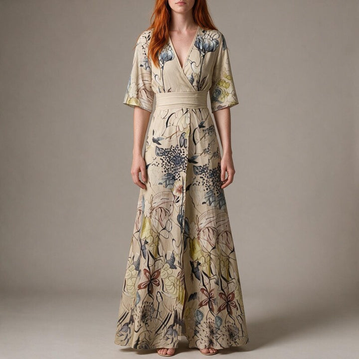 Wrap Dress Women Belted Waist | Soft Floral and Half Sleeves #colour_beige