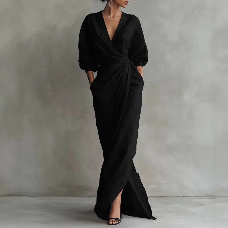 Wrap Dress Women Draped Maxi | Elegant Long Sleeve Deep V#colour_black