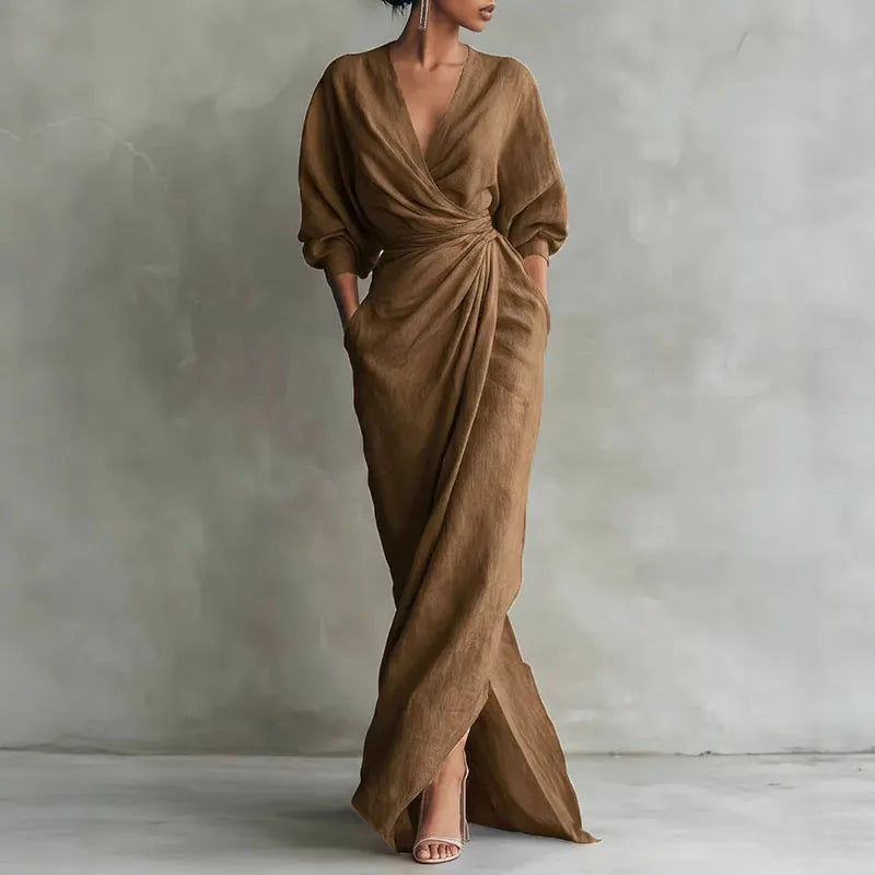 Wrap Dress Women Draped Maxi | Elegant Long Sleeve Deep V#colour_brown