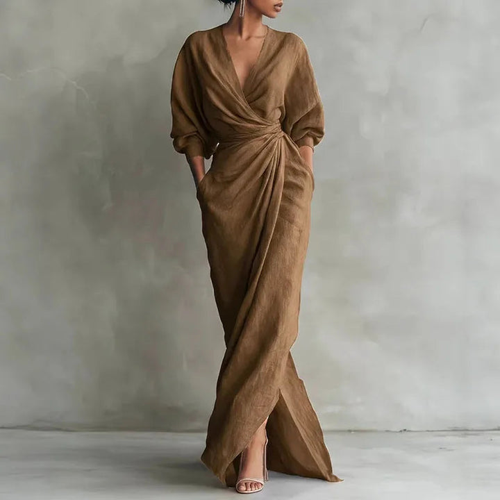 Wrap Dress Women Draped Maxi | Elegant Long Sleeve Deep V#colour_brown