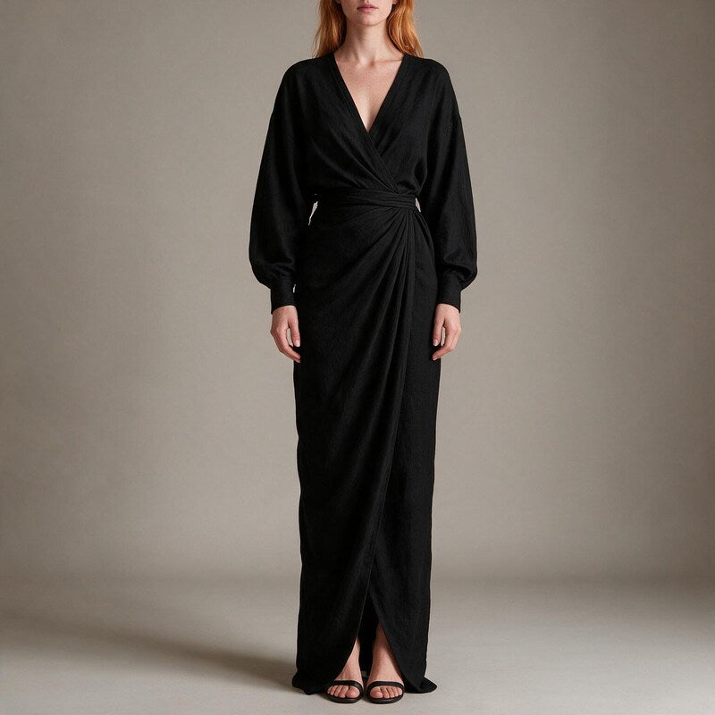Wrap Dress Women Draped Maxi | Elegant Long Sleeve Deep V#colour_black