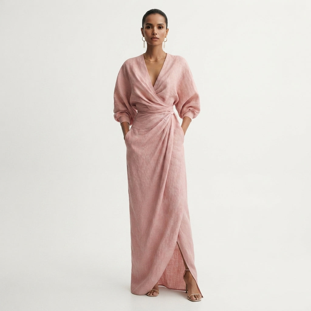 Wrap Dress Women Draped Maxi | Elegant Long Sleeve Deep V#colour_pink