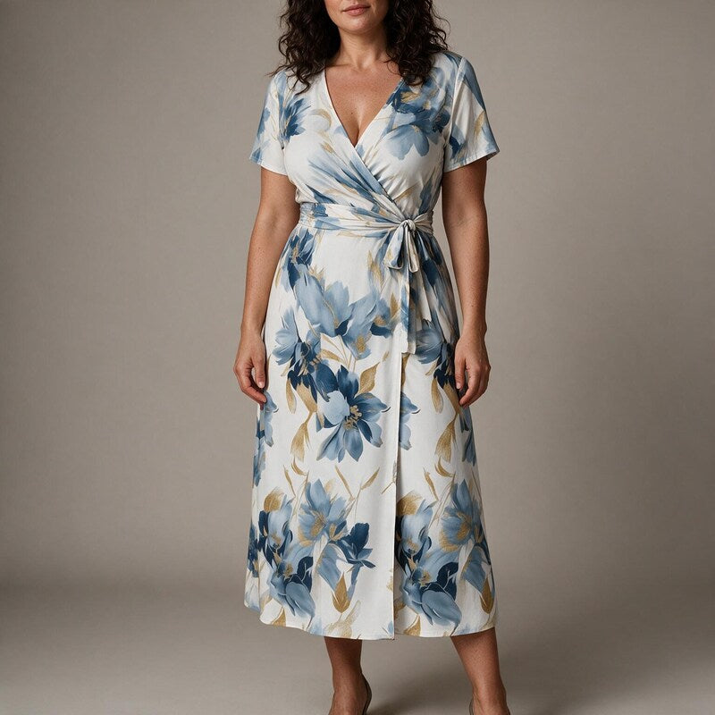 Wrap Dress Women Floral V Neck | Elegant Short Sleeve Midi Length#colour_multicolour