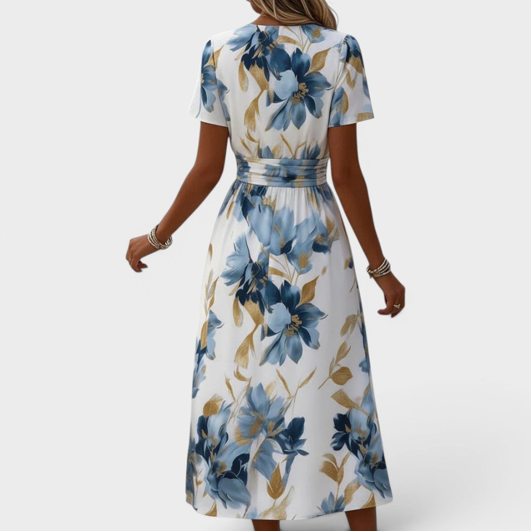 Wrap Dress Women Floral V Neck | Elegant Short Sleeve Midi Length#colour_multicolour