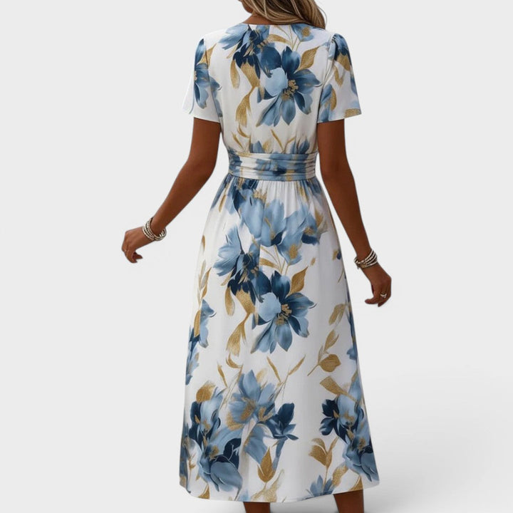 Wrap Dress Women Floral V Neck | Elegant Short Sleeve Midi Length#colour_multicolour