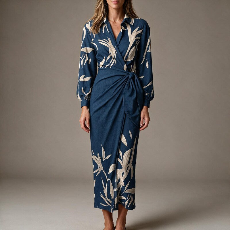 Wrap Dress Women Leaf Print | Collared Neckline and Tie Waist #colour_blue