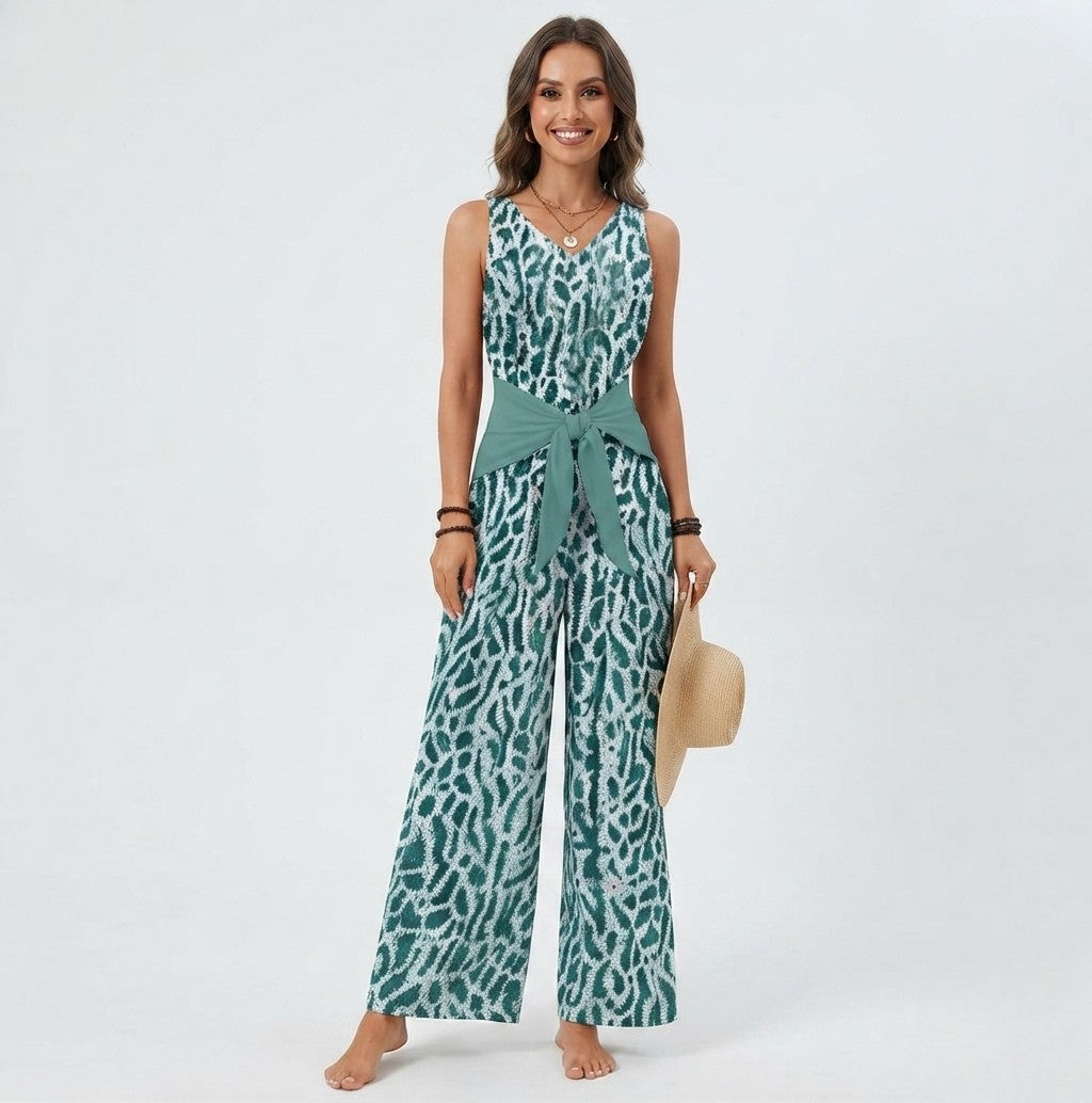 Jumpsuit Printed Wide Leg | High Neckline Sleeveless Cut Tie Waist in Green#colour_green