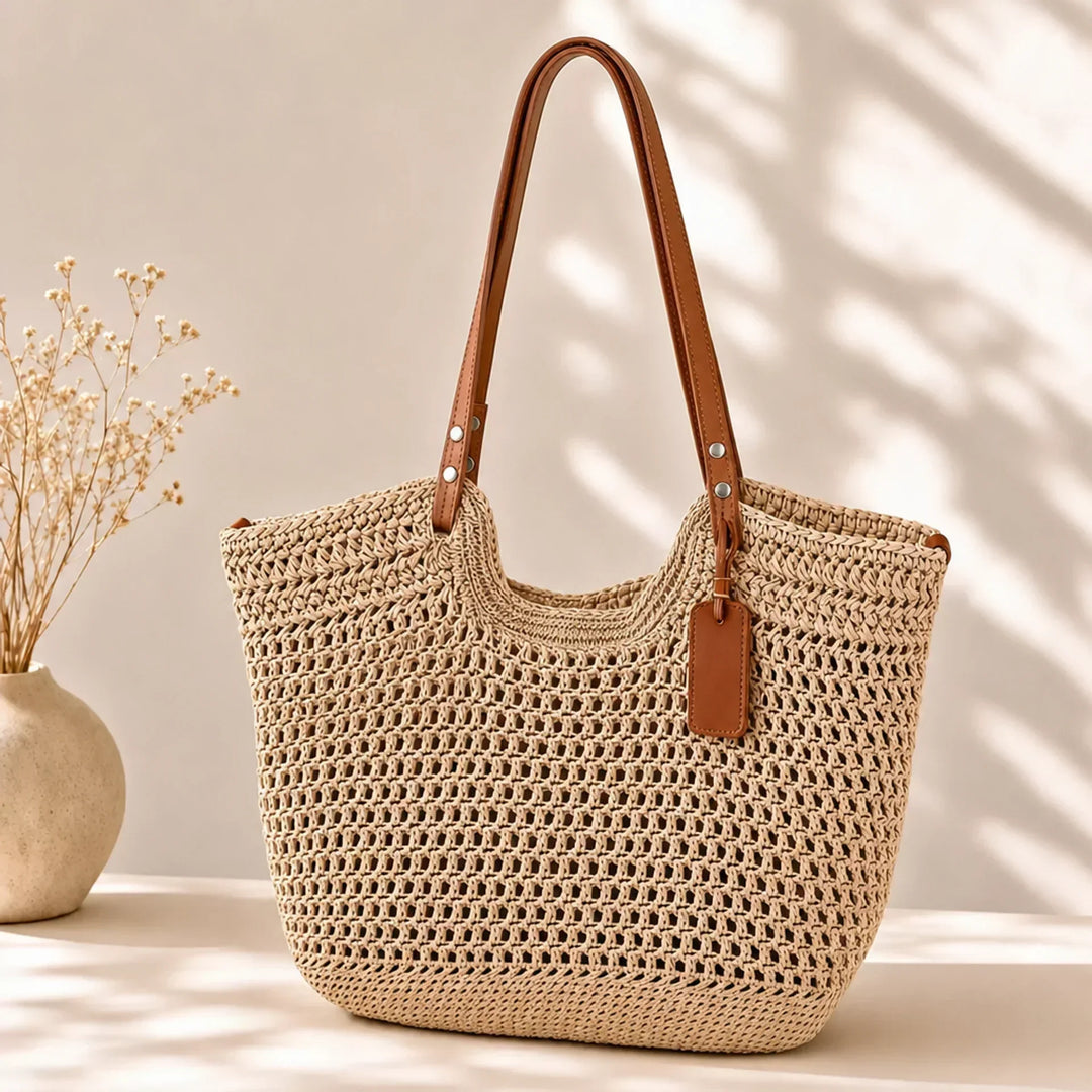 Tote Bag Women Hand Crocheted Paper Straw | Long Leather Handles in Khaki#colour_khaki