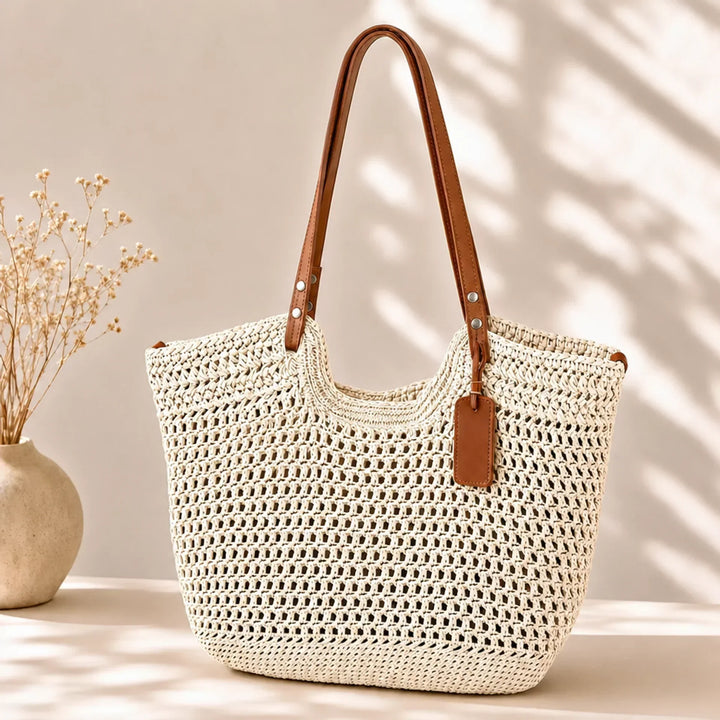 Tote Bag Women Hand Crocheted Paper Straw | Long Leather Handles in Cream#colour_cream