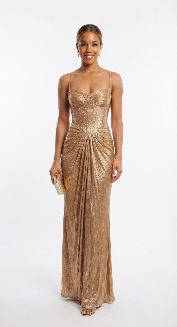Corset Top Strapless Metallic Maxi Gown | Draped Detailing in Gold#colour_gold