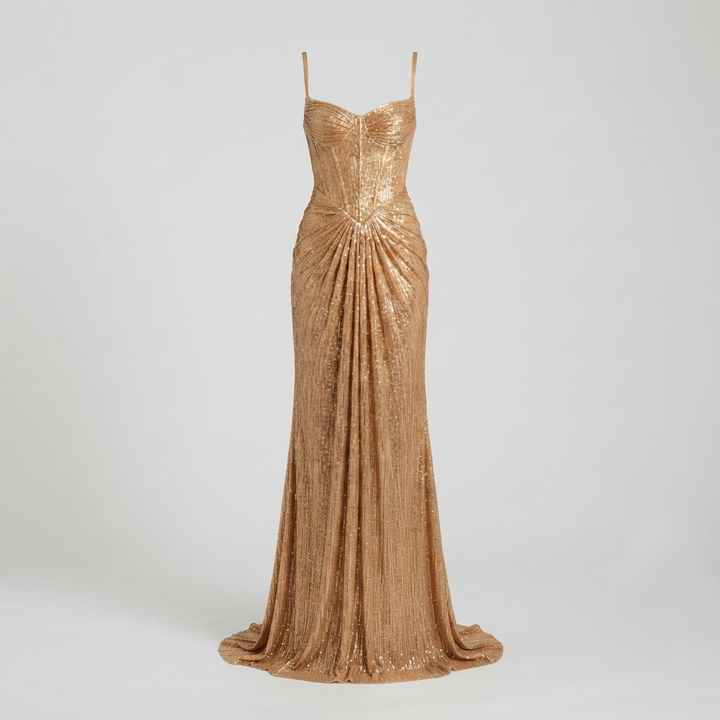 Corset Top Strapless Metallic Maxi Gown | Draped Detailing in Gold#colour_gold
