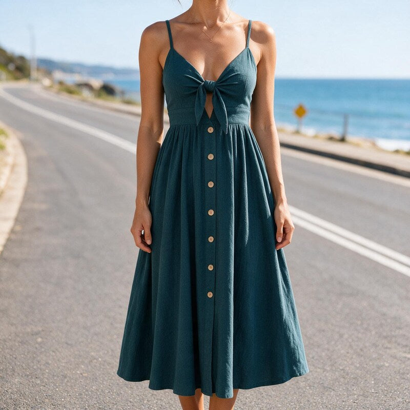 Summer Dress Women Midi Length | Knotted Bow Bust and Wooden Buttons in Turquoise#colour_turquoise