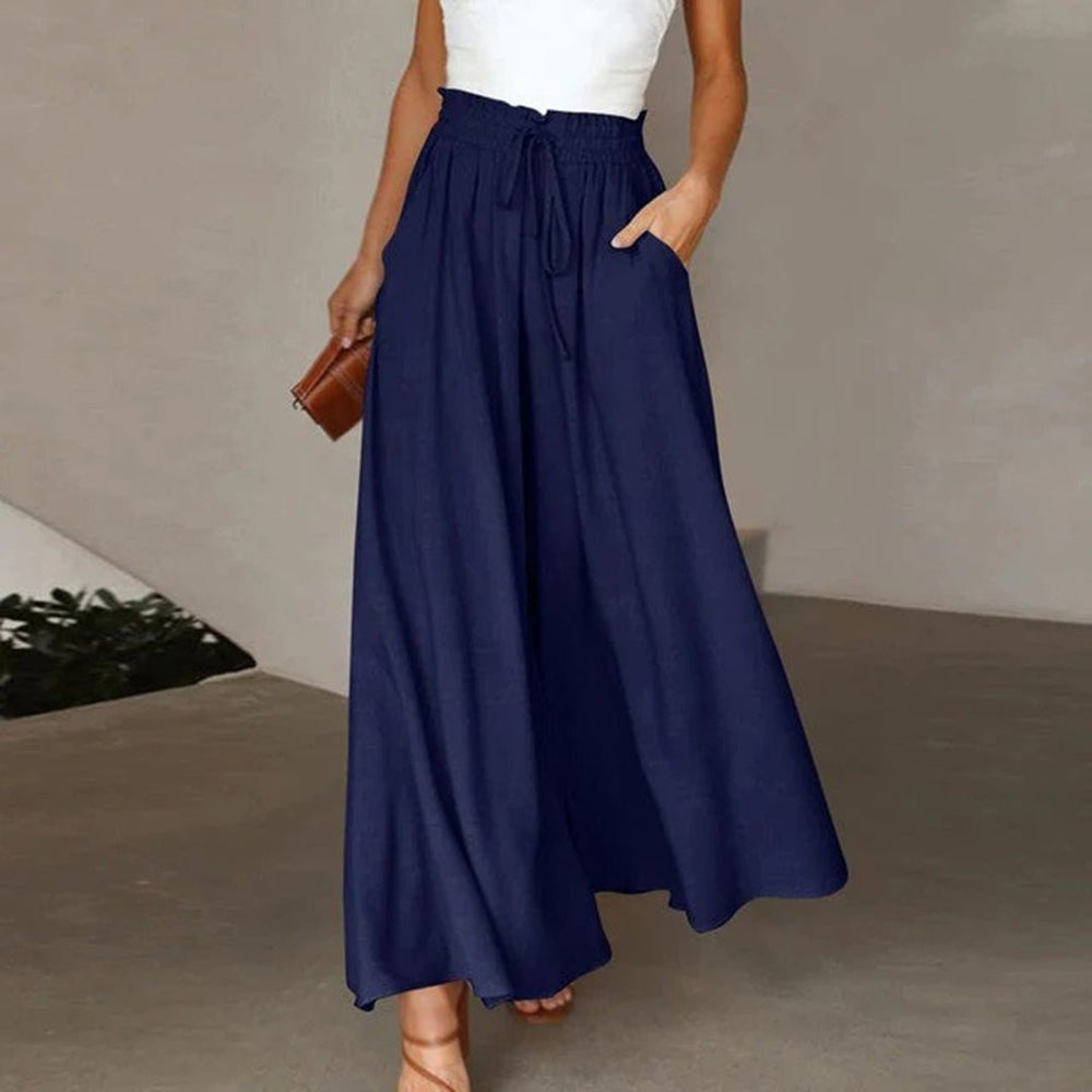 Linen Pants Women Full Flowing Leg | High Drawstring and Deep Pockets – Navy #colour_navy