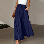 Linen Pants Women Full Flowing Leg | High Drawstring and Deep Pockets – Navy #colour_navy