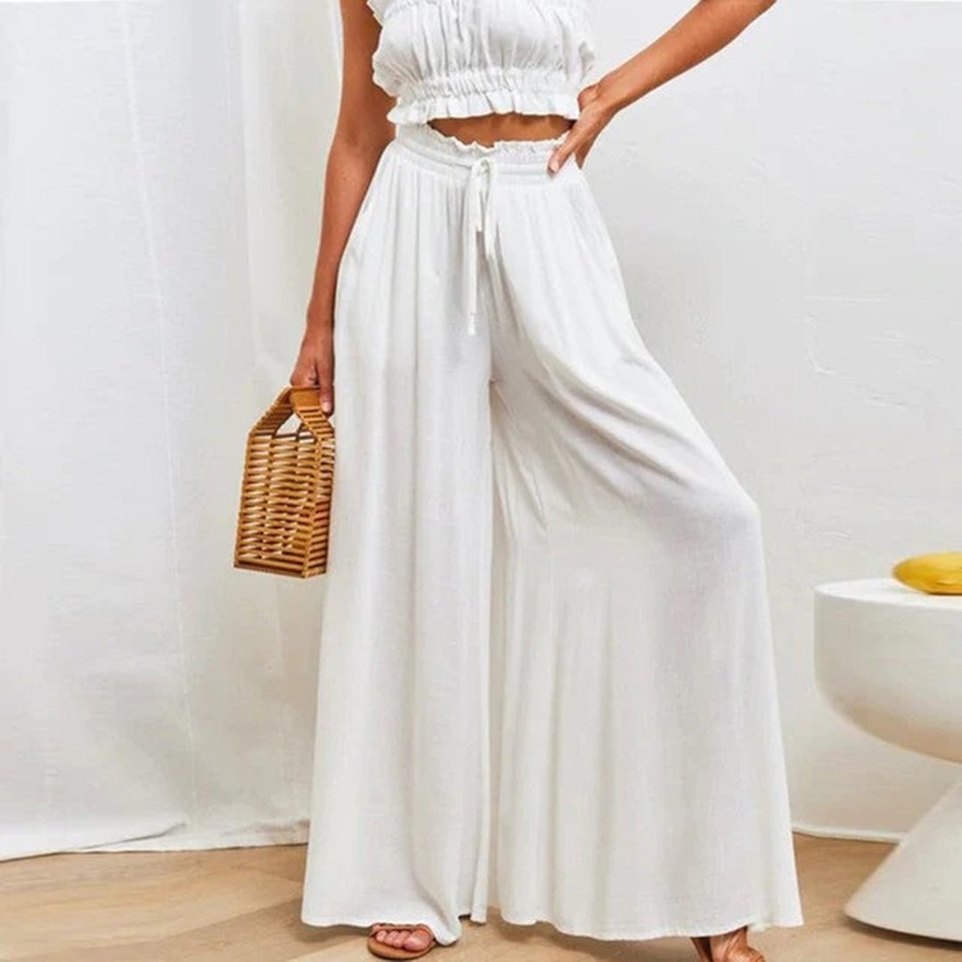 Linen Pants Women Full Flowing Leg | High Drawstring and Deep Pockets – White #colour_white
