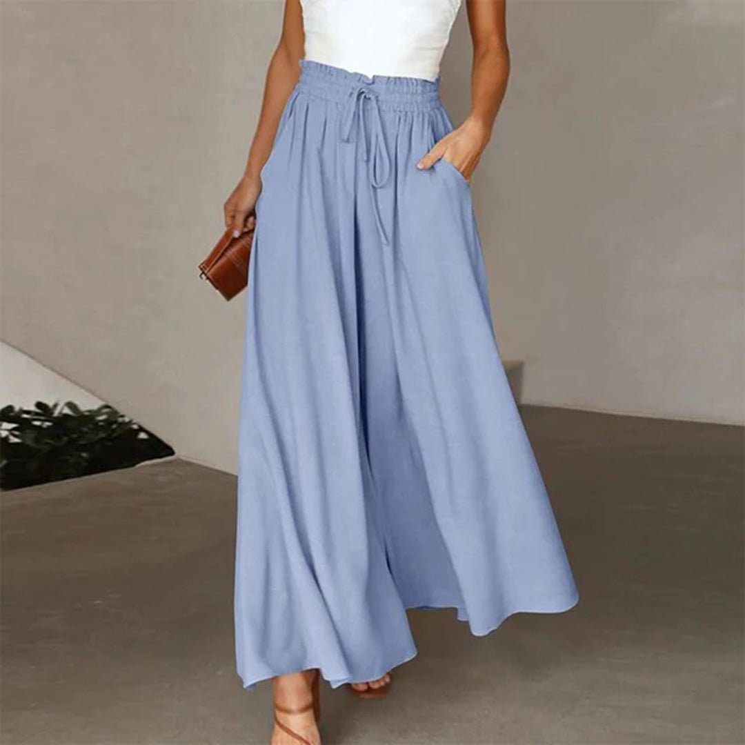 Linen Pants Women Full Flowing Leg | High Drawstring and Deep Pockets – Blue #colour_blue