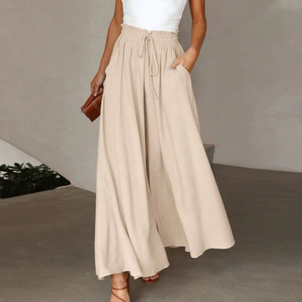 Linen Pants Women Full Flowing Leg | High Drawstring and Deep Pockets – Beige #colour_beige