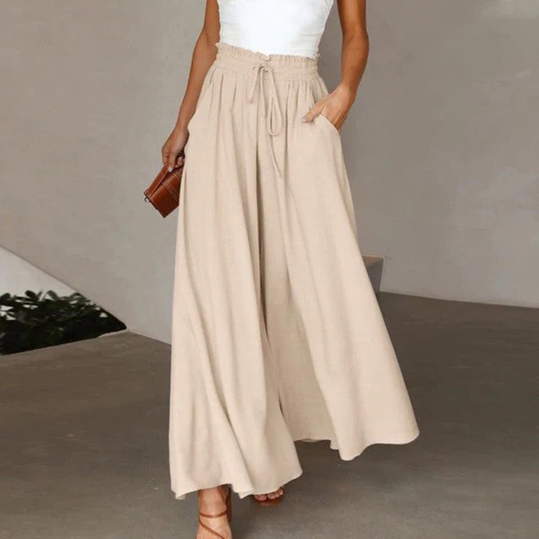 Linen Pants Women Full Flowing Leg | High Drawstring and Deep Pockets – Beige #colour_beige